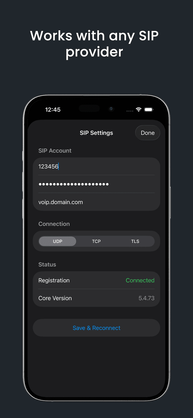 SIP Settings screen
